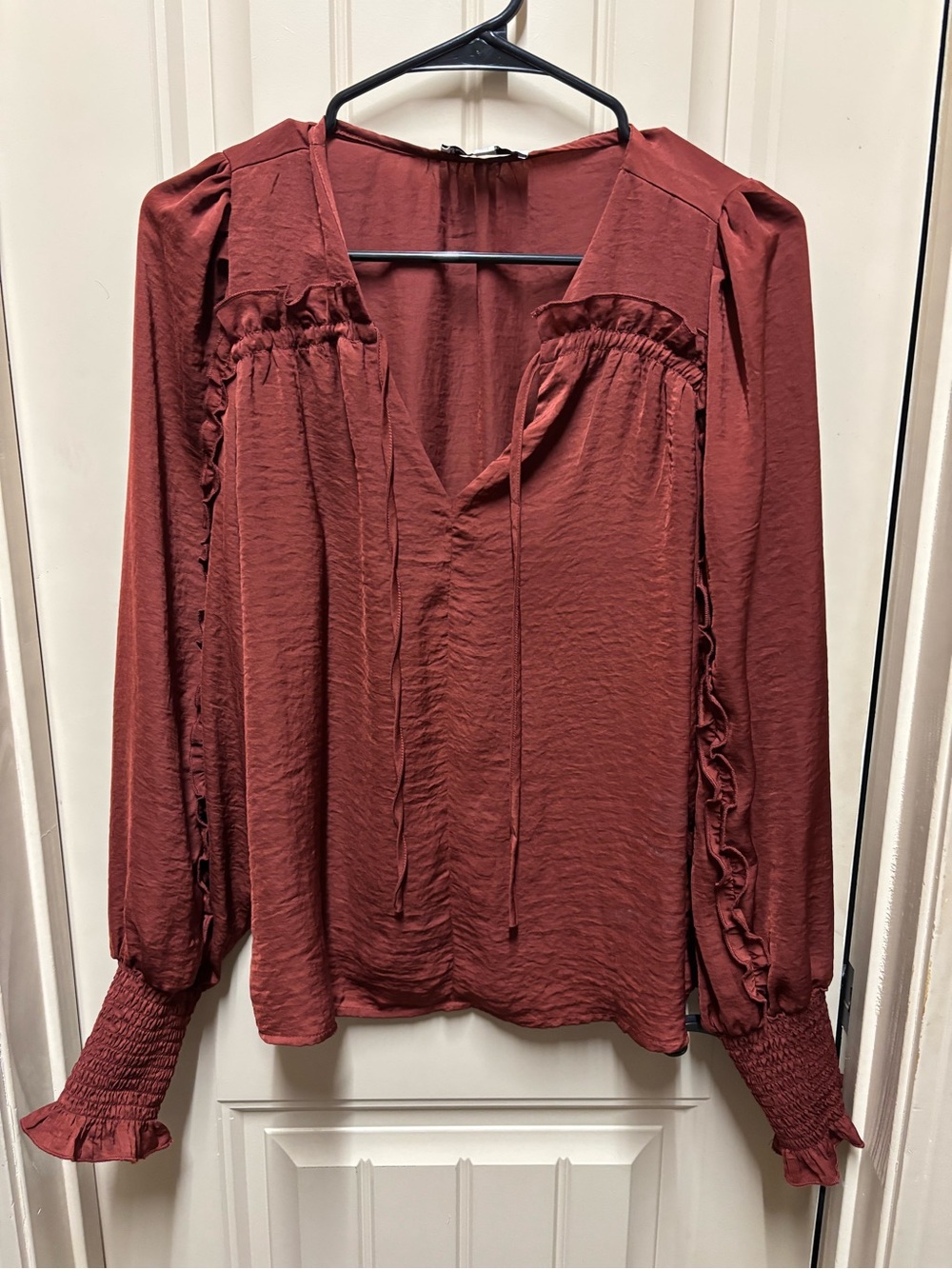 Sam Edelman Rust Ruffle-Trim Long Sleeve Blouse